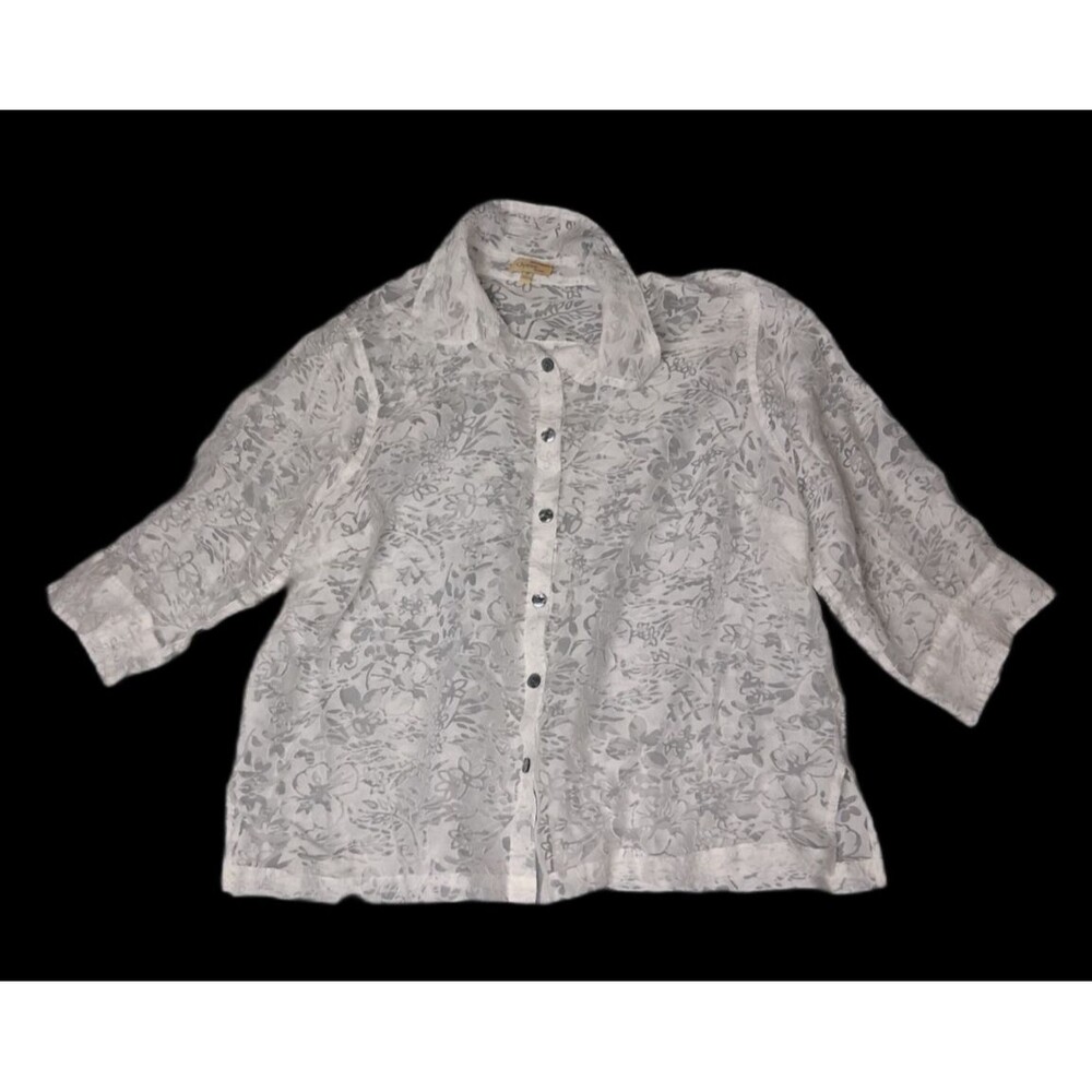 Choices Woman 3/4 Sleeve Semi Sheer Button Up Blouse 3XL White Coastal Summer